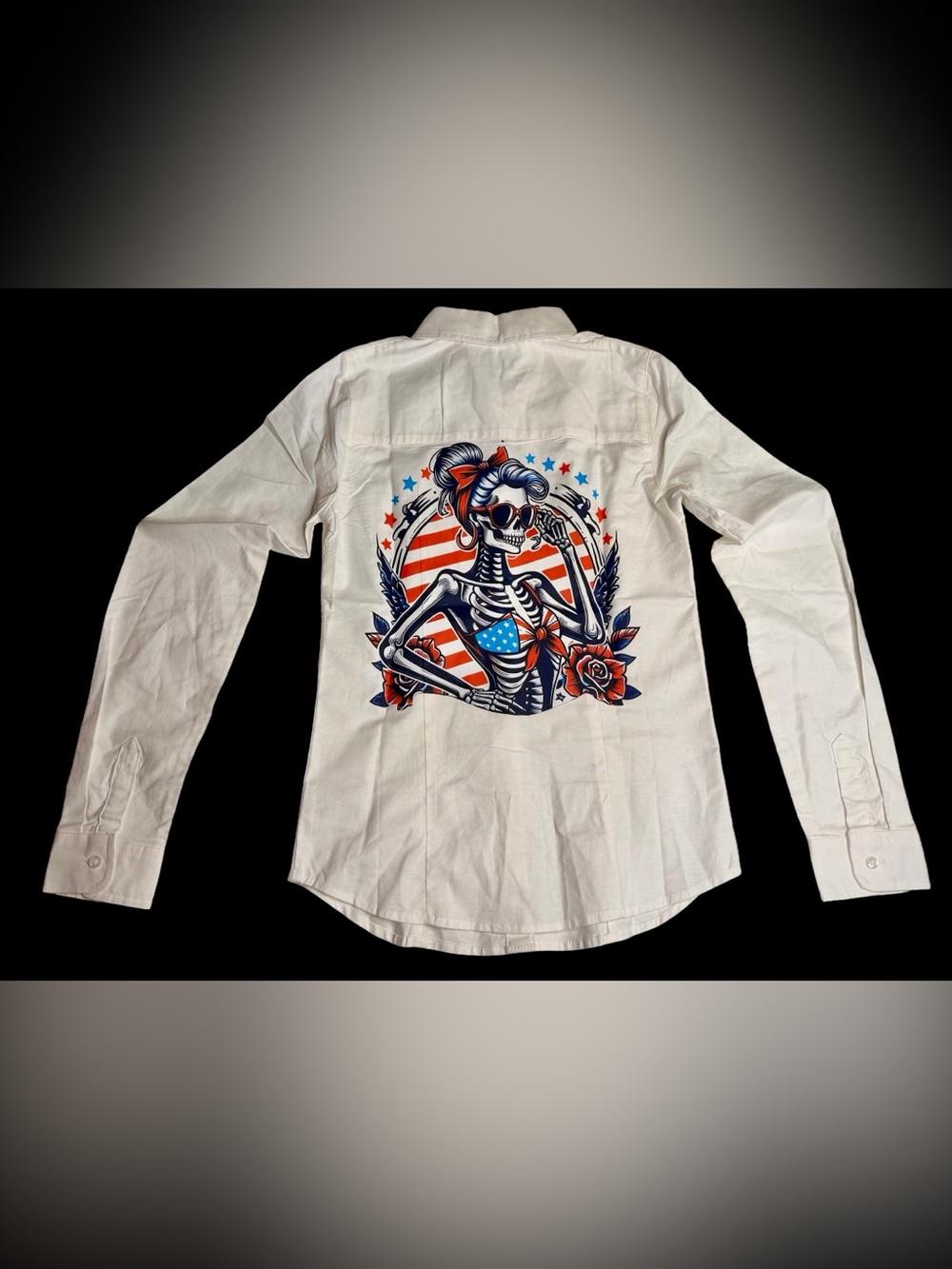 White Women’s Long-Sleeve Shirt with Patriotic Graphic Front/Back Size small